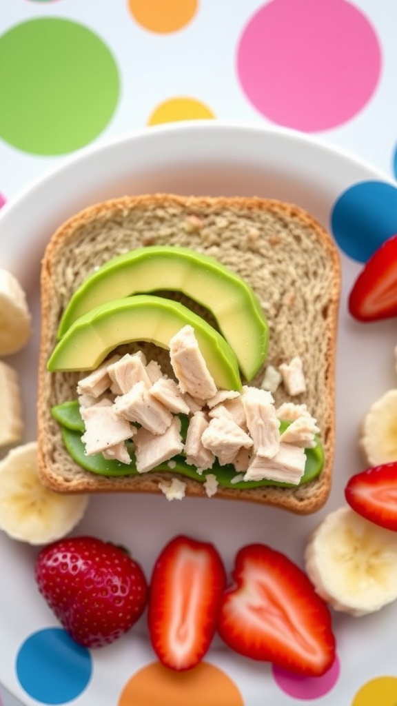 Nutritious sandwich for a one-year-old with avocado and turkey, accompanied by fresh fruit slices.